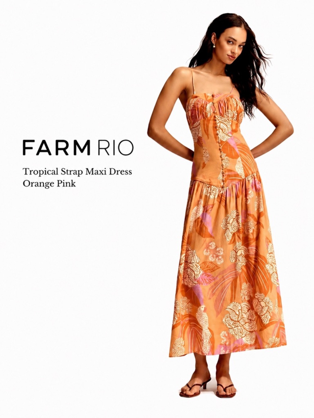 Farm Rio Floral Midi Dress Orange Pink